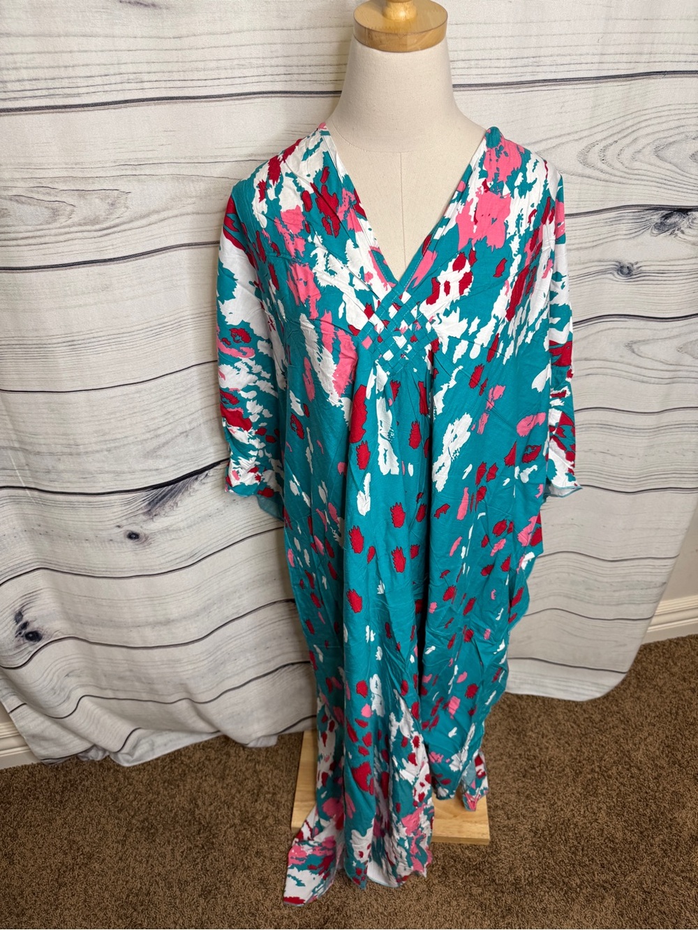 Teal Floral Print V-Neck Women's Dress